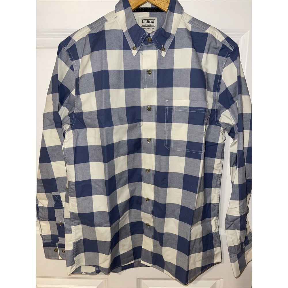 LL Bean Men's Traditional Fit Shirt Long Sleeve Blue White Plaid Button Down - Picture 1 of 12